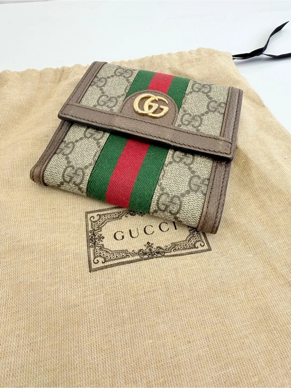 Gucci GG Canvas Small Ophidia Trifold Wallet in Gray with Green & Red Web